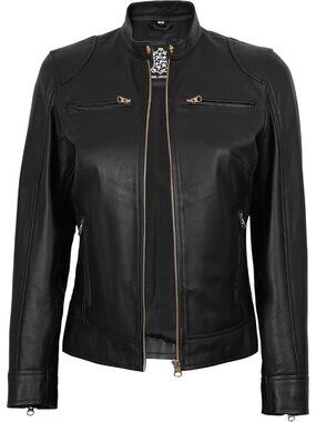 Women’s Black Golden Genuine Lambskin Leather Cafe Racer Motorcycle Jacket